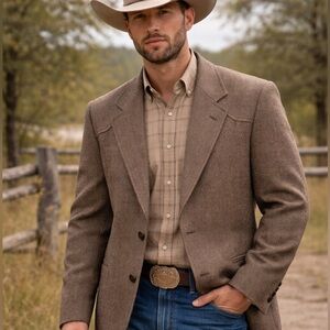 Vintage Pioneer Wear Western 100% Wool Brown Herringbone Sport Coat Blazer 46